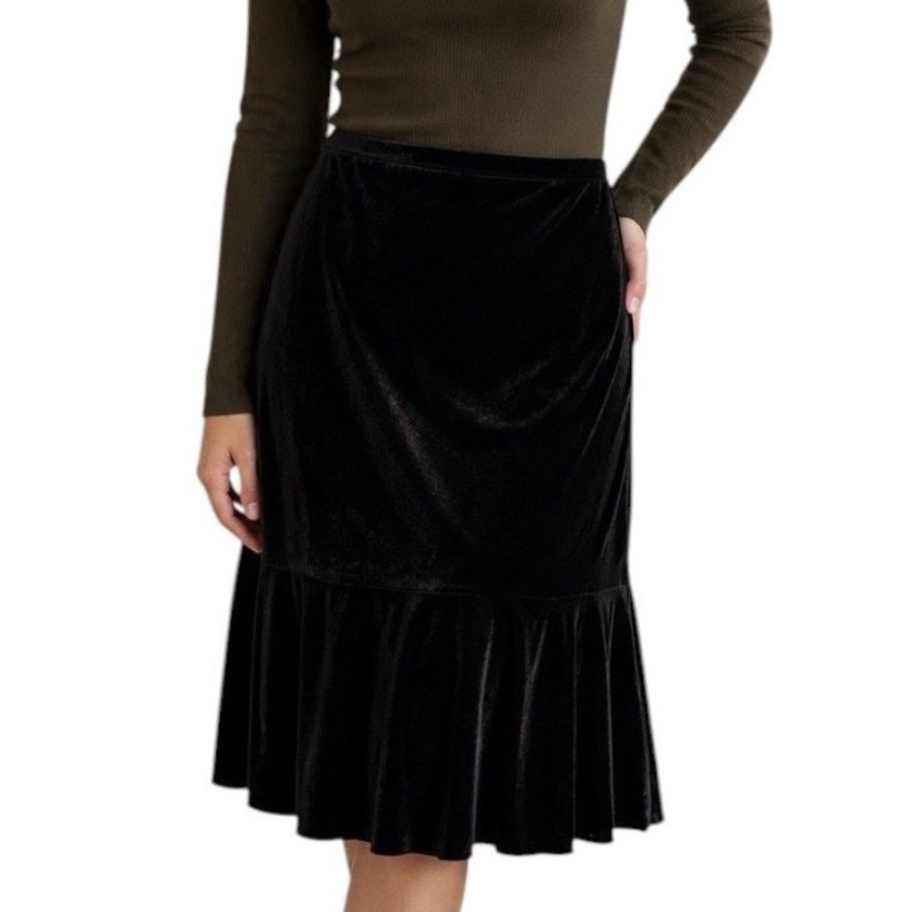 Notations Black Velvet Skirt Large Flounce Hem Holiday Party Midi